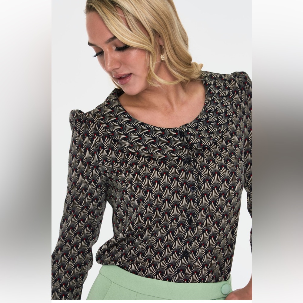 Voodoo Vixen Bettie Black Art Deco Print Inspired Blouse, US 4/Small, EUC